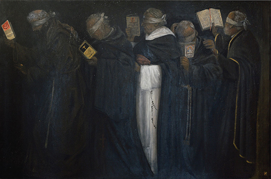 (Readers of the Lost Words)
Oil on canvas, 4 feet x 6 feet

The Jesuit at the extreme right is reading a catechism. During the Spanish period, catechisms were printed with a syllabus to teach natives how to pronounce words, but not to understand them. Then as now, prayers were uttered repeatedly and solemnly without analyzing the meaning of the words intoned. Moving in single file, eyes bound with cloth, they blindly taught the faith.

An Augustinian "reads" a Tagalog novena, like the Dominican friar who holds a treasure box close to his chest. A Recollect "reads" a Visayan prayer book. It was in the Visayas, among other places, where they held sway. On the extreme left is a Franciscan "reading" a book written in Bicolano, the dialect of the territory that they controlled.